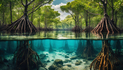 mangrove forest submerged underwater, showcasing nature's tranquility and biodiversity