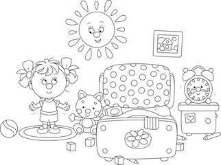 Cute little girl doing morning exercises on a mat near her pretty small bed among funny toys in a nursery room, black and white vector cartoon illustration for a coloring book