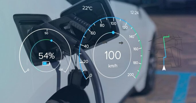 Animation of charge and speedometer dials over electric car at charging port