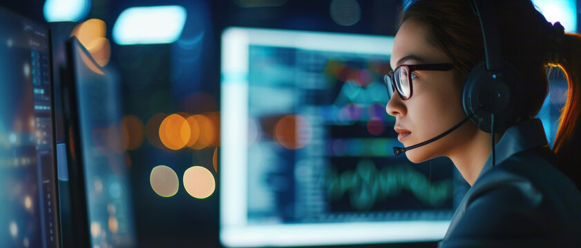 A vigilant 911 dispatcher monitors screens, her focus unwavering as she stands ready to respond to emergencies