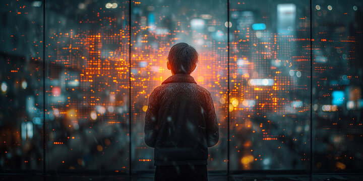 Junge schaut duch Glasscheibe in eine Comuter Welt