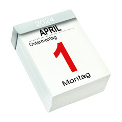 Deutscher Kalender Ostern 1. April 2024 Ostermontag  Hintergrund transparent PNG cut out