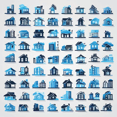 Real Estate Blue Icon set. House, Home, Buy, Sell, Rent, Smart Home, Renovation, Building, Mortgage, Skyscraper, Plot, Shop, Flat, Living Room, Bathroom. Two Tones Blue Vector Icons