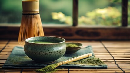 A Japanese matcha tea preparation, showcasing a vibrant green tea bowl and a bamboo whisk