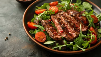 Rolgordijnen A gourmet steak salad with seared sirloin, mixed greens, cherry tomatoes, and a red wine vinaigrette © olegganko
