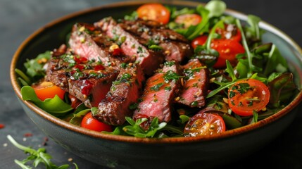 A gourmet steak salad with seared sirloin, mixed greens, cherry tomatoes, and a red wine vinaigrette