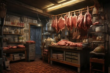 Bustling Meat butcher shop. Food market. Generate Ai