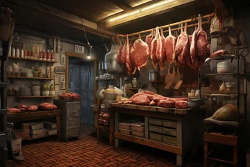 Fotobehang Bustling Meat butcher shop. Food market. Generate Ai © juliars