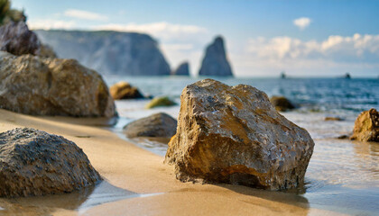 rocks on sandy beach symbolize nature's diverse beauty