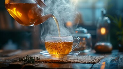 A rustic teapot pouring hot herbal tea into a glass cup, steam rising gracefully - obrazy, fototapety, plakaty