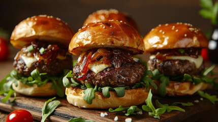 A gourmet slider trio featuring mini burgers with various toppings like blue cheese and caramelized onions