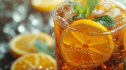 A refreshing iced tea garnished with lemon slices and mint leaves, condensation forming on the glass