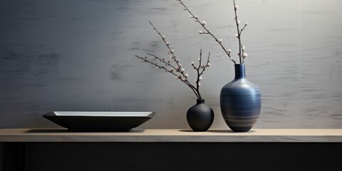 Black framed picture and vase near a wooden chest in a interior living room