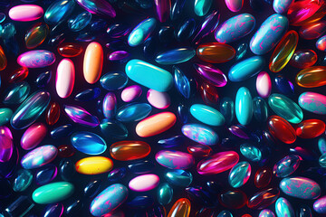Background with pills and capsules in neon blue and purple colors. Medical drug or dietary supplement concept - obrazy, fototapety, plakaty