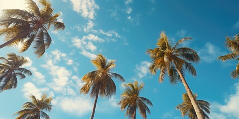 palm trees against sun blue sky as a backdrop - obrazy, fototapety, plakaty