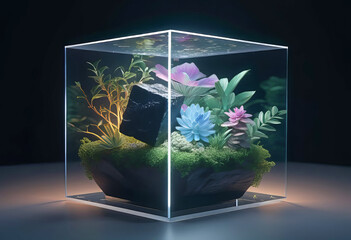 philosophical cube of existence, floating glowing elements, ideal nature environment, fantastic illustration,