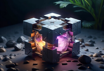 philosophical cube of existence, floating glowing elements, ideal nature environment, fantastic illustration,