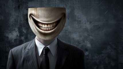 a creepy mask is placed on a man's head in a suit and tie - obrazy, fototapety, plakaty