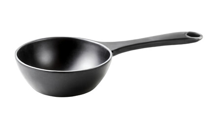Black frying pan with wooden handle isolated on transparent background.