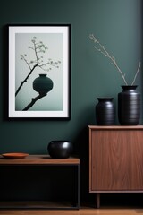 Black framed picture and vase near a wooden chest in a interior living room