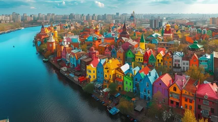 Papier Peint photo autocollant Kiev A picturesque aerial view showcasing a residential area along Kyiv's riverfront, where brightly colored houses create a rainbow-like mosaic against the urban landscape