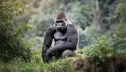 A giant gorilla sitting in a rainforest, beautiful monkey animal