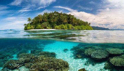 Fototapeta na wymiar coral reef meets tranquil shores of tropical island under clear blue skies