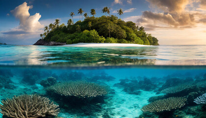 coral reef meets tranquil shores of tropical island under clear blue skies