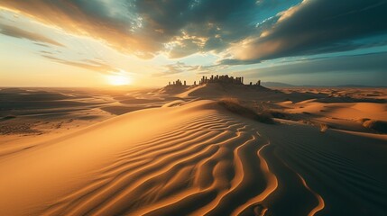 A surreal desert landscape with towering sand dunes, ancient ruins half-buried in the sand, and a golden sunset casting long shadows