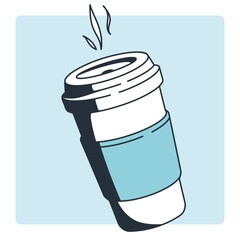 Keyline illustration of a takeout, takeaway coffee cup with blue tone and shadow