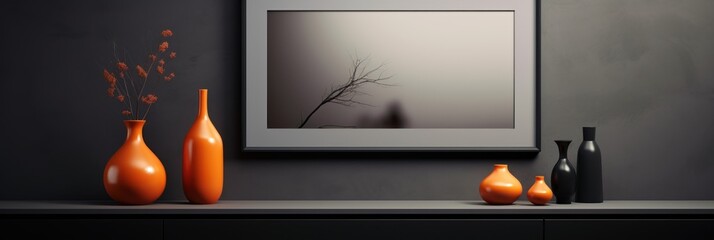 Black framed picture and vase near a wooden chest in a interior living room - obrazy, fototapety, plakaty