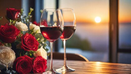 Romantic scene with wine, flowers, and candles, evoking love and intimacy for Valentine's Day celebration