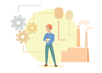 An engineer is timing an industrial process, industry, factory, gear, tank, industrial process timing, flat, vector, illustration, production 