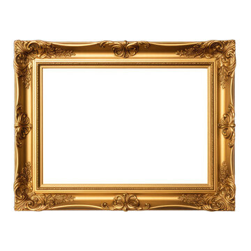 Antique Gold Picture Frame. Baroque Style Mockup. Isolated on a Transparent Background. Cutout PNG.