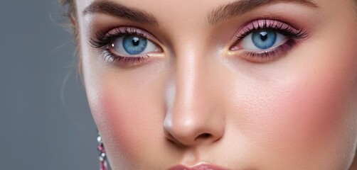 a close up of a woman's face with bright blue eyes and pink and white make - up on her face.