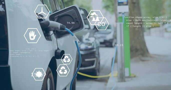 Animation of ecology icons and data over electric car charging at port