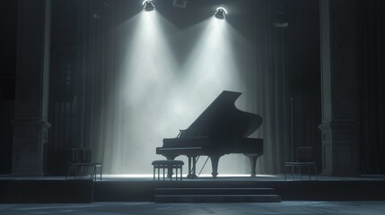 A theatrical stage set with a majestic grand piano positioned center stage, bathed in warm stage lights against a stark white backdrop - obrazy, fototapety, plakaty