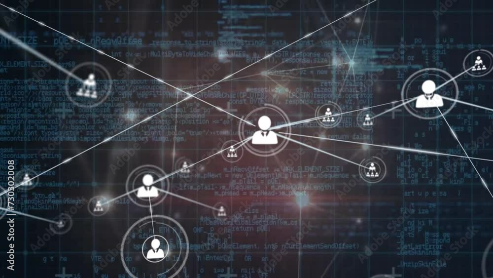 Poster animation of network of people icons over processing data on black background