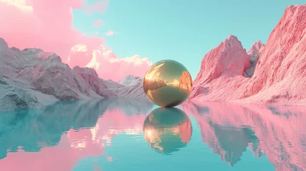 Schilderijen op glas Surreal vaporwave scene with golden ball on the landscape with mountains and sea. 90s styled abstract surreal pink composition © swillklitch