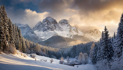 Fototapeta na wymiar winter scene snowcapped mountains under clear sky serene beauty