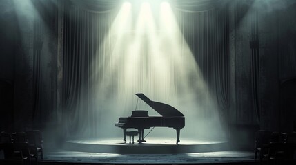 A theatrical stage set with a majestic grand piano positioned center stage, bathed in warm stage lights against a stark white backdrop - obrazy, fototapety, plakaty