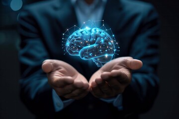 businessman hand holding symbolic brain, business idea, futuristic technology and business growth development concept