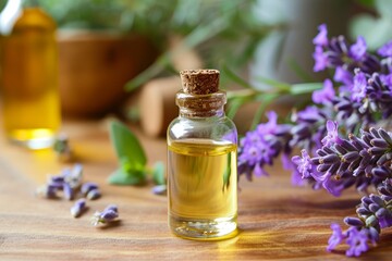 Obraz na płótnie Canvas bottle of essential lavender herbal oil, lavender aromatherapy