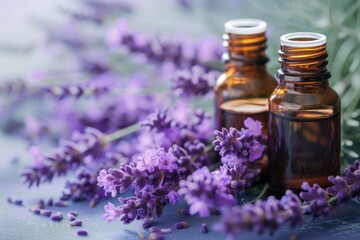 Obraz na płótnie Canvas lavender and essential oil bottles with flowers