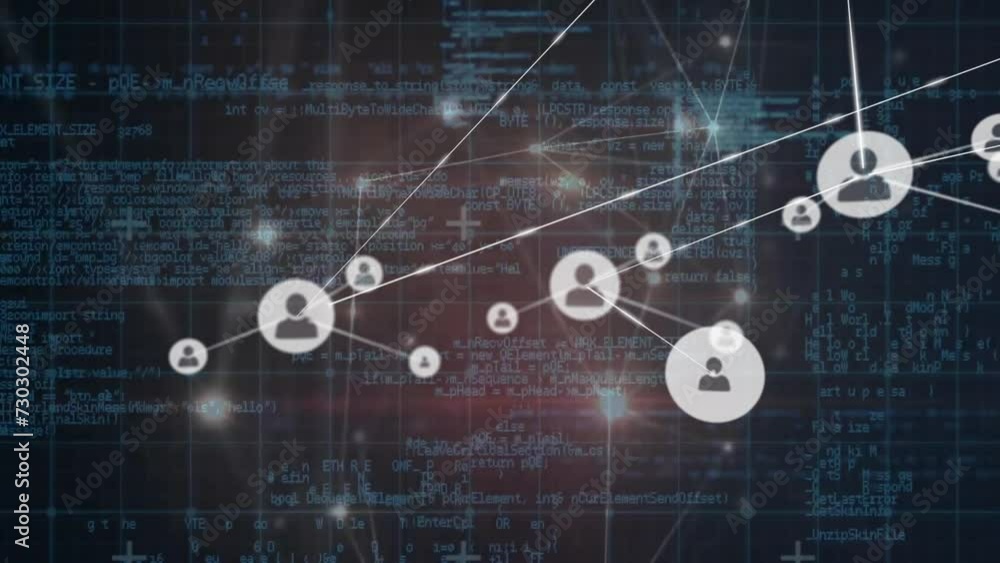 Poster animation of network of people icons over processing data on dark background