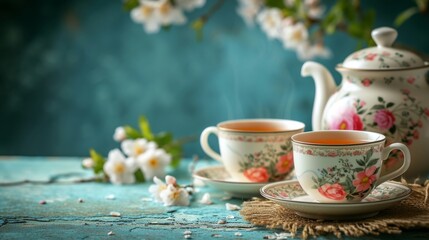 An elegant tea set featuring delicate porcelain cups, saucers, and a floral teapot