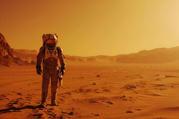 The person in the environmental suit stands on the edge of the Mars-like desert
