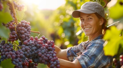 A vineyard worker harvesting grapes on a sunny day, showcasing the beauty of winemaking