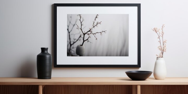 Black framed picture and vase near a wooden chest in a interior living