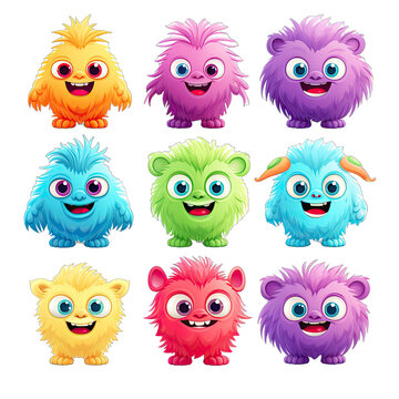 Colorful Furry Monster Collection. Adorable Cartoon Characters in Action. Isolated on a Transparent Background. Cutout PNG.